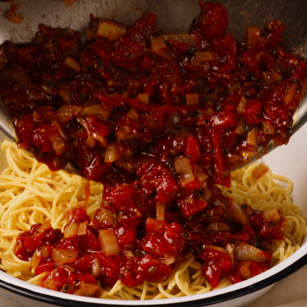 a dish is filled with food