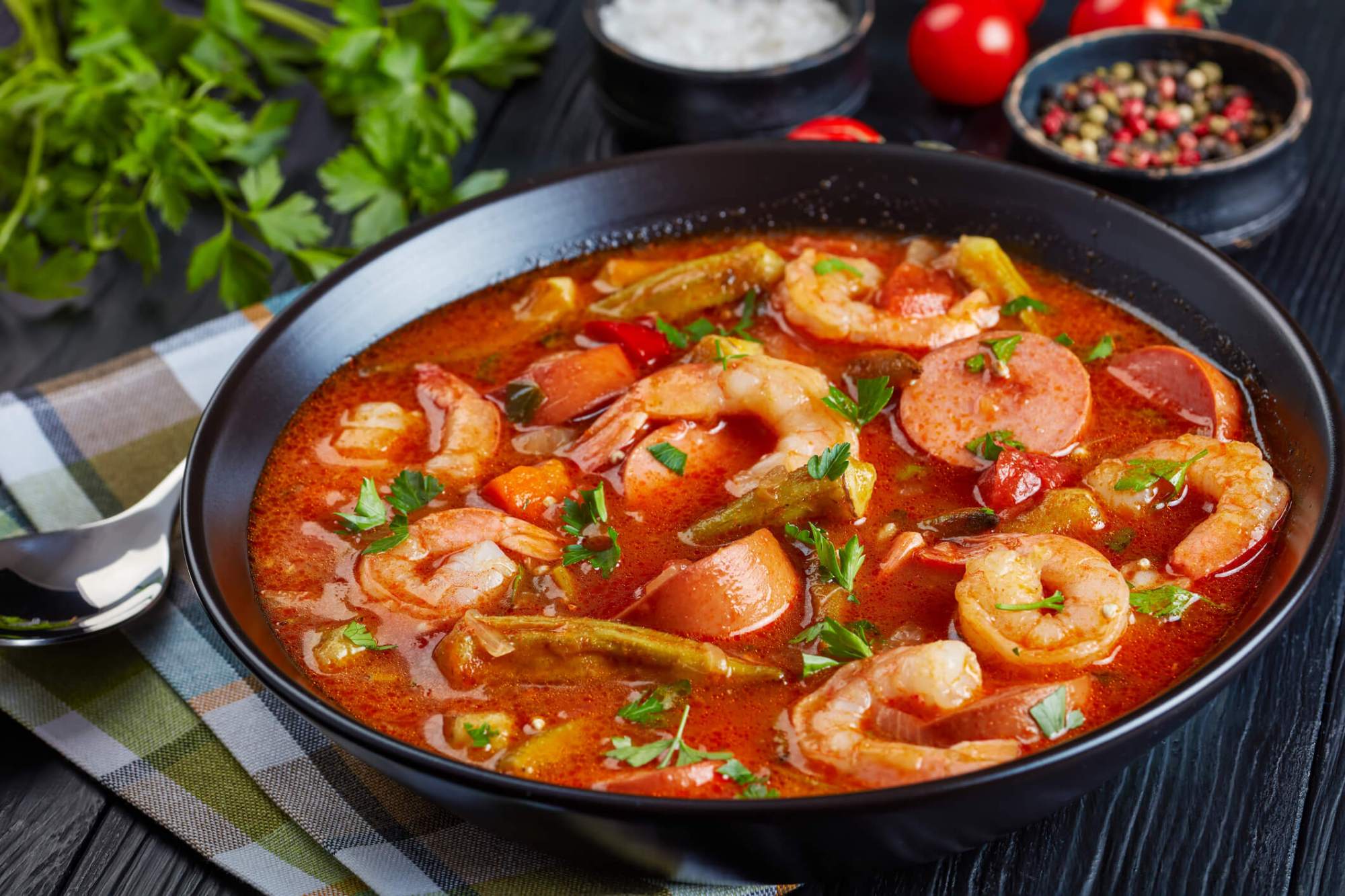 iStock-1055532542 (1) Gumbo with prawns, okra and sausage.