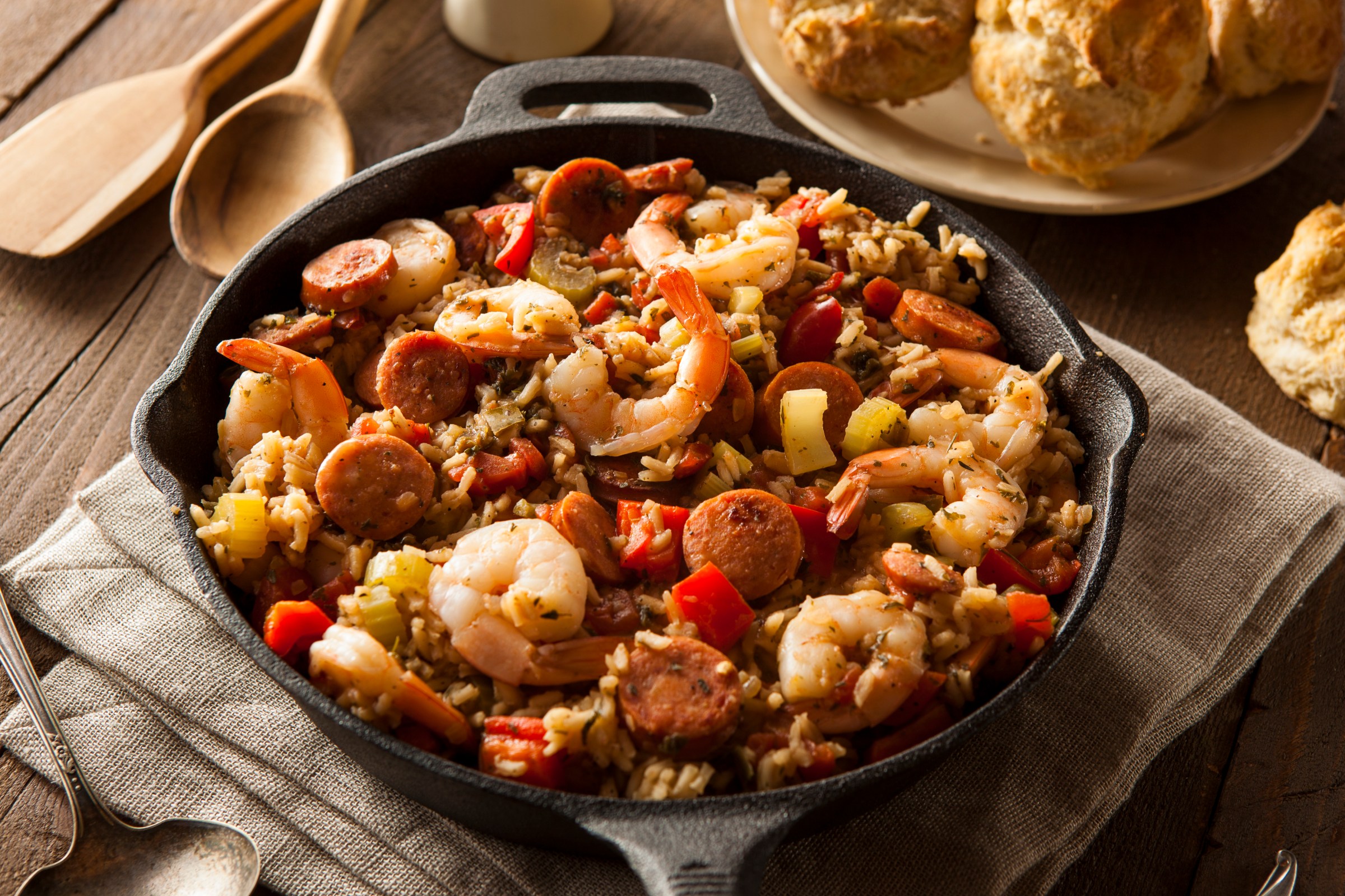 Spicy homemade Cajun jambalaya with sausage and shrimp.