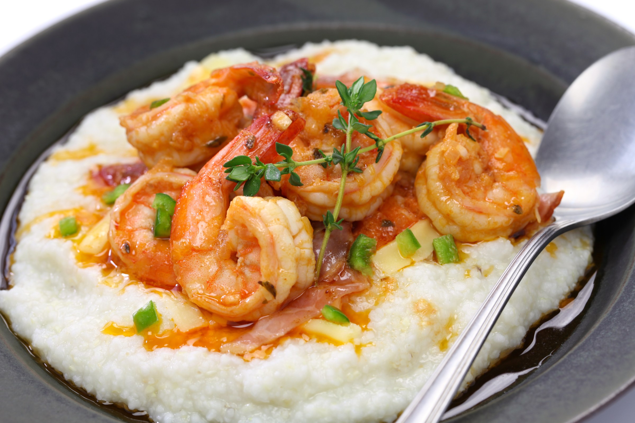 Shrimp and grits plate in a cooking class in New Orleans.