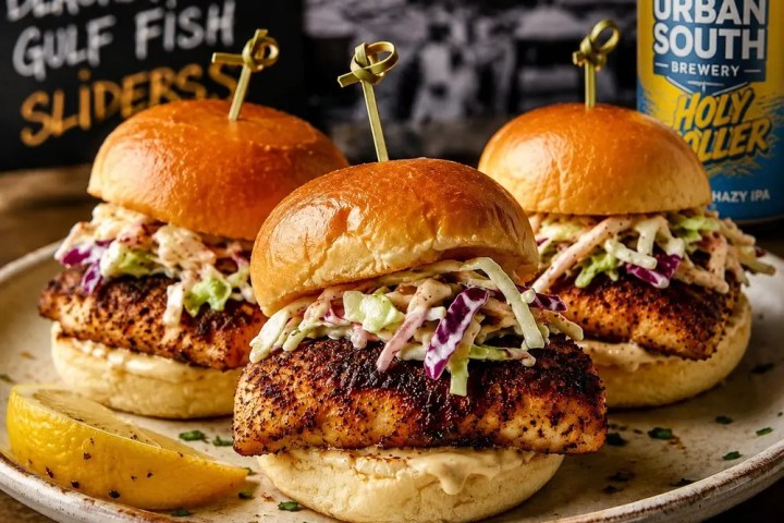 Three blackened fish sliders with coleslaw on a plate next to a lemon wedge.
