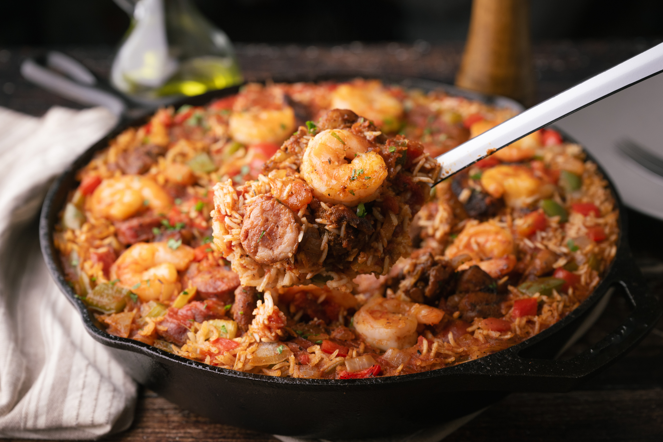 Shrimp and sausage jambalaya prepared in a NOLA cooking class.