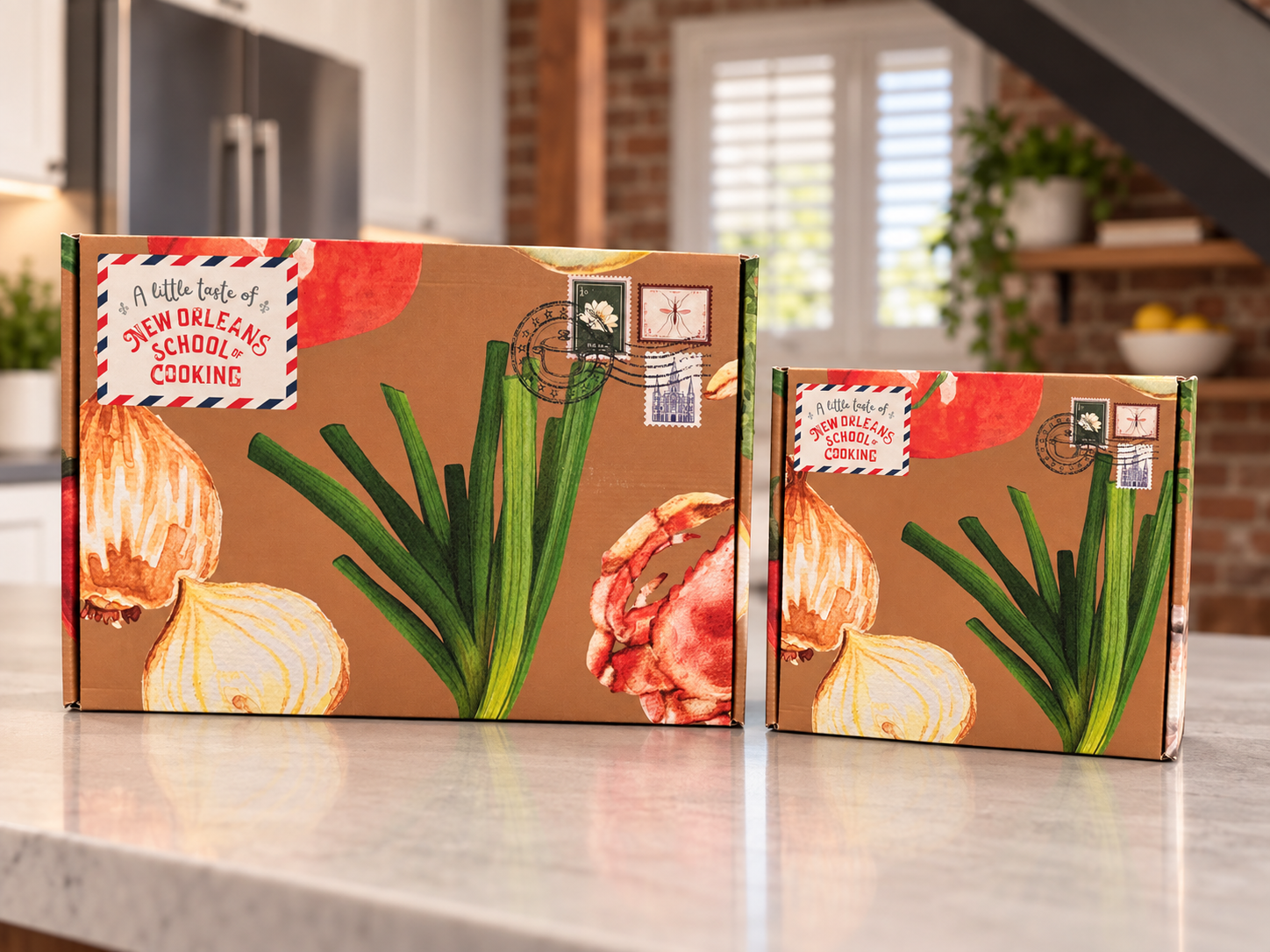 Two food packages with vegetables and stamps on a kitchen counter.